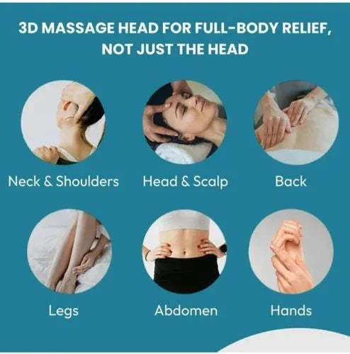 3D massage head for full-body relief targeting neck, shoulders, head, scalp, back, legs, abdomen, hands